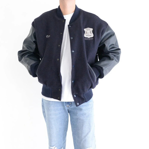 VTG Reed Sportswear Navy 100% Wool And Leather Detroit Police Supporter Jacket L - Picture 1 of 15